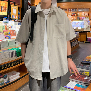 V37日系cityboy廓形短袖衬衫男款夏季潮牌复古纯色宽松半截袖衬衣