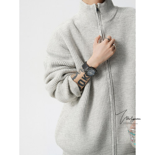 美式重磅立领双开拉链毛衣男