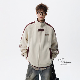 V37美式 撞色条纹潮牌高街外套情侣上衣 复古风立领拉链夹克男春季