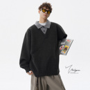 V37美式假两件衬衫翻领针织毛衣男冬潮牌氛围感保暖情侣毛衫外套