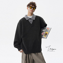 V37美式假两件衬衫翻领针织毛衣男冬潮牌氛围感保暖情侣毛衫外套
