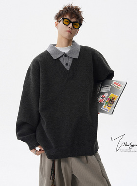 V37美式假两件衬衫翻领针织毛衣男冬潮牌氛围感保暖情侣毛衫外套