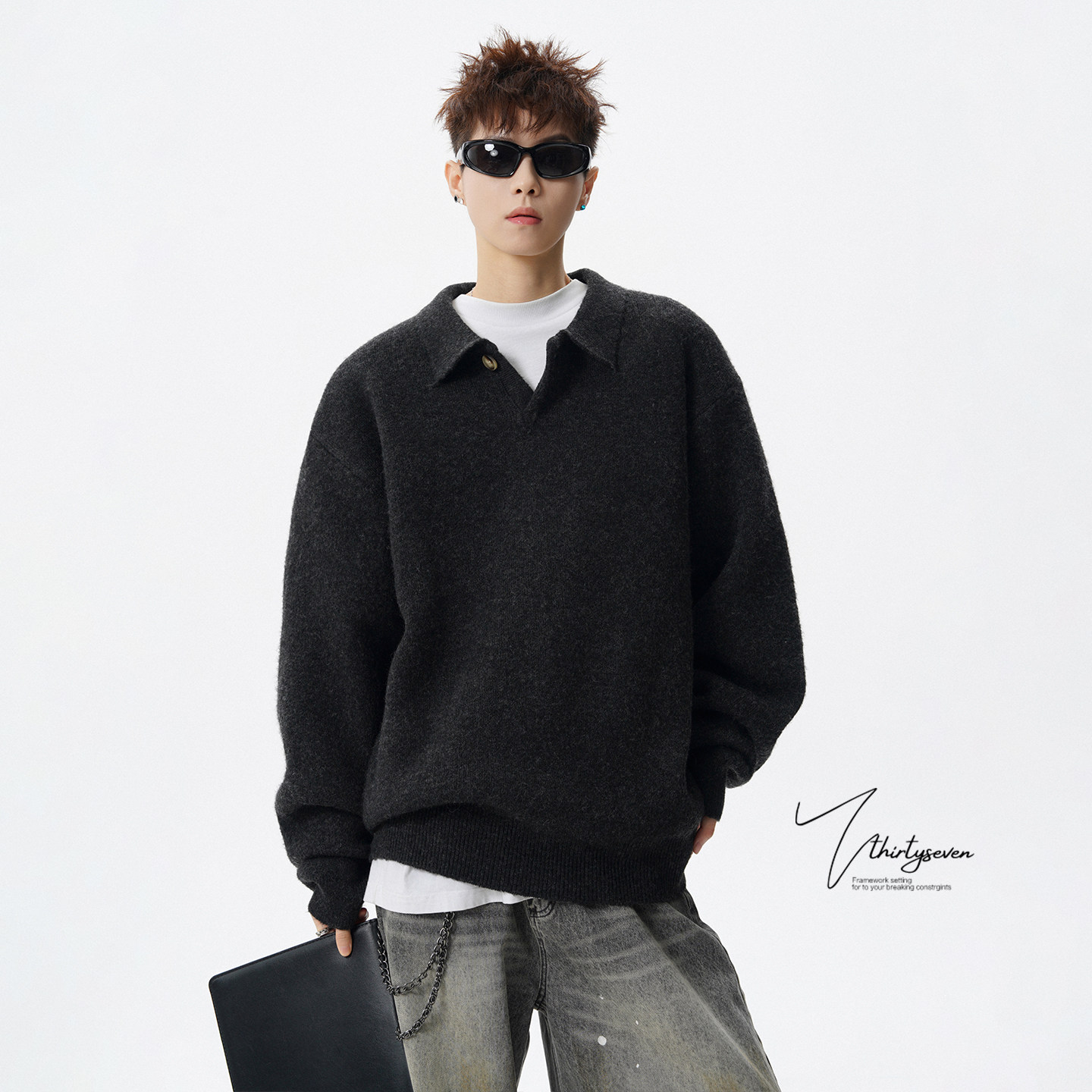 秋冬复古POLO领宽松男针织衫