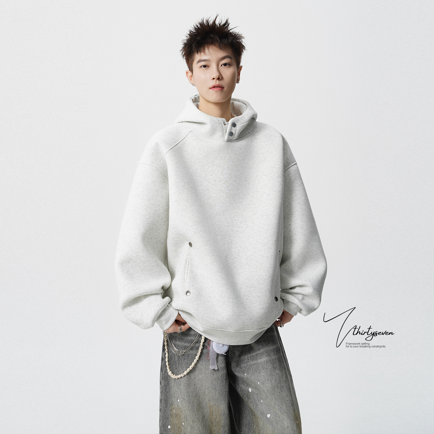 美式重磅灰色半高领卫衣男