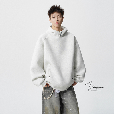 美式重磅灰色半高领卫衣男