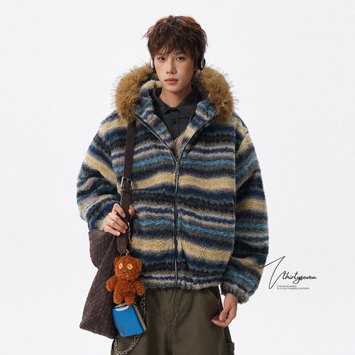 美式街头休闲风毛领连帽棉衣男冬