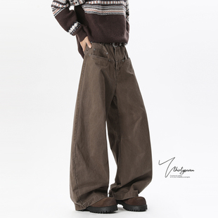 潮牌街头设计感休闲阔腿裤 V37美式 男秋季 裤 子 vintage廓形弯刀工装