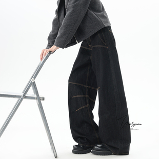 V37高街复古明线解构剪裁牛仔裤男冬美式设计感直筒宽松阔腿裤子