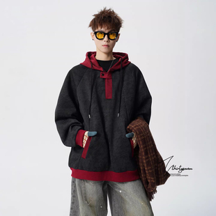 V37美式大码解构撞色拼接连帽卫衣男春高街复古扎染潮流休闲外套