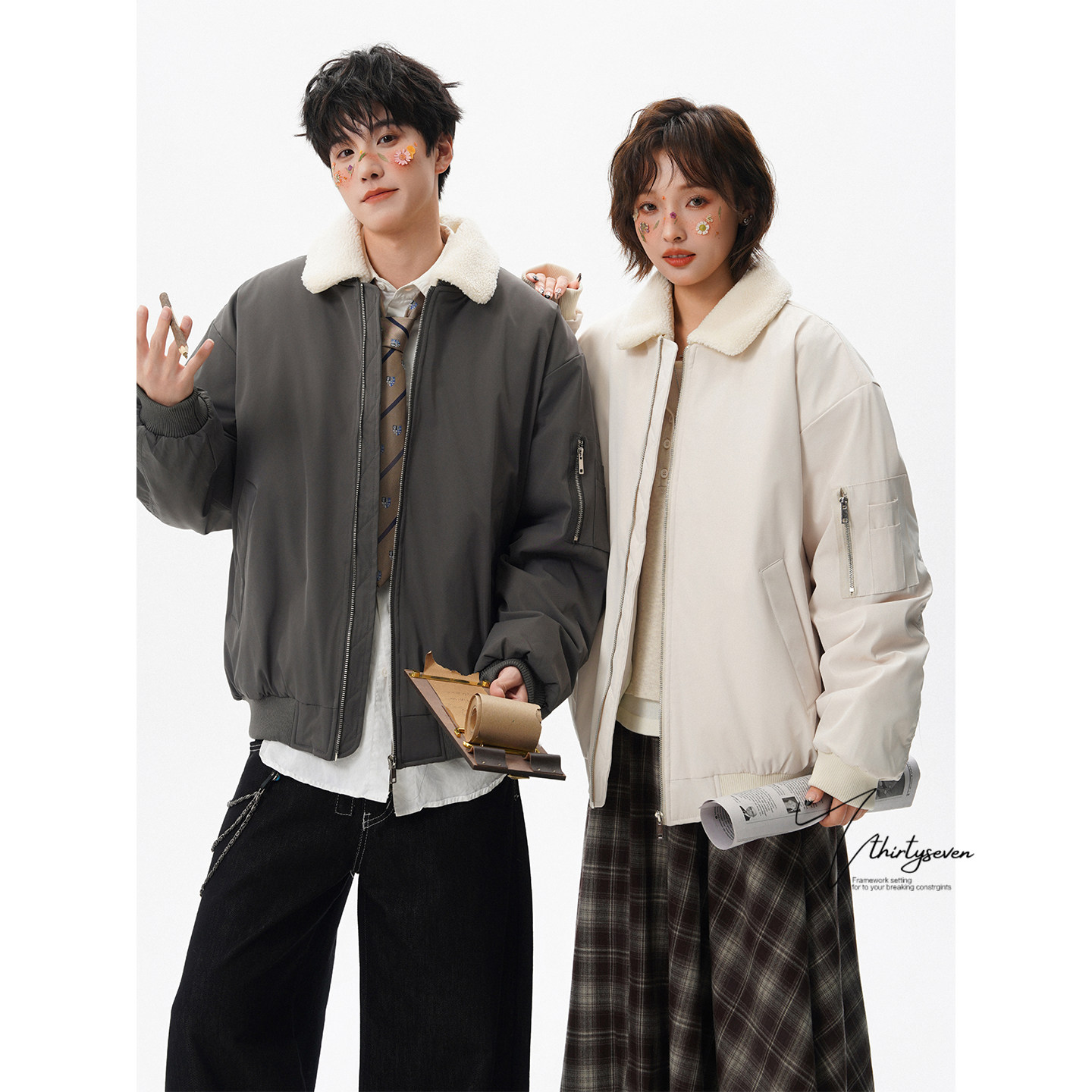 V37美式棕灰色羊羔绒翻领棉衣外套男冬季加厚保暖工装棒球棉服潮