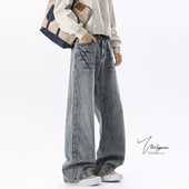 潮牌vintage做旧直筒长裤 男春季 街头小众闪电纹水洗牛仔裤 V37美式