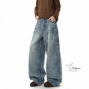 潮牌设计感弯刀阔腿裤 男秋美式 牛仔裤 V37高街vintage水洗做旧工装