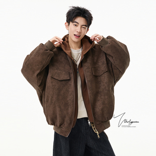 V37美式 风假两件扎染PU皮棉衣男冬加厚保暖连帽宽松休闲外套 工装