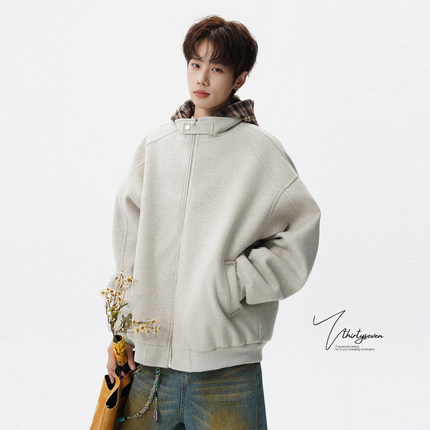 V37高街复古氛围感加厚毛呢外套男冬季美式撞色格纹连帽保暖棉衣