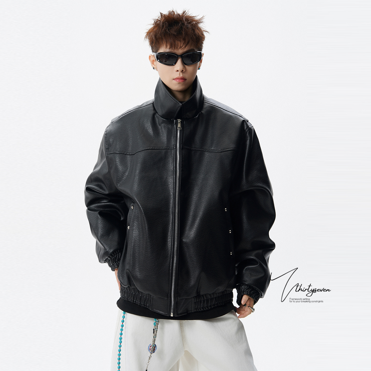 美式高街黑色荔枝皮翻领皮衣