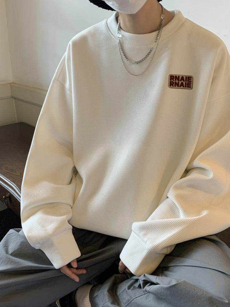 와플 스웨트 셔츠 남성 봄 가을 루즈 캐주얼 라운드 넥 긴팔 티셔츠 청소년 패션 브랜드 트렌드 이너 레이어드 셔츠