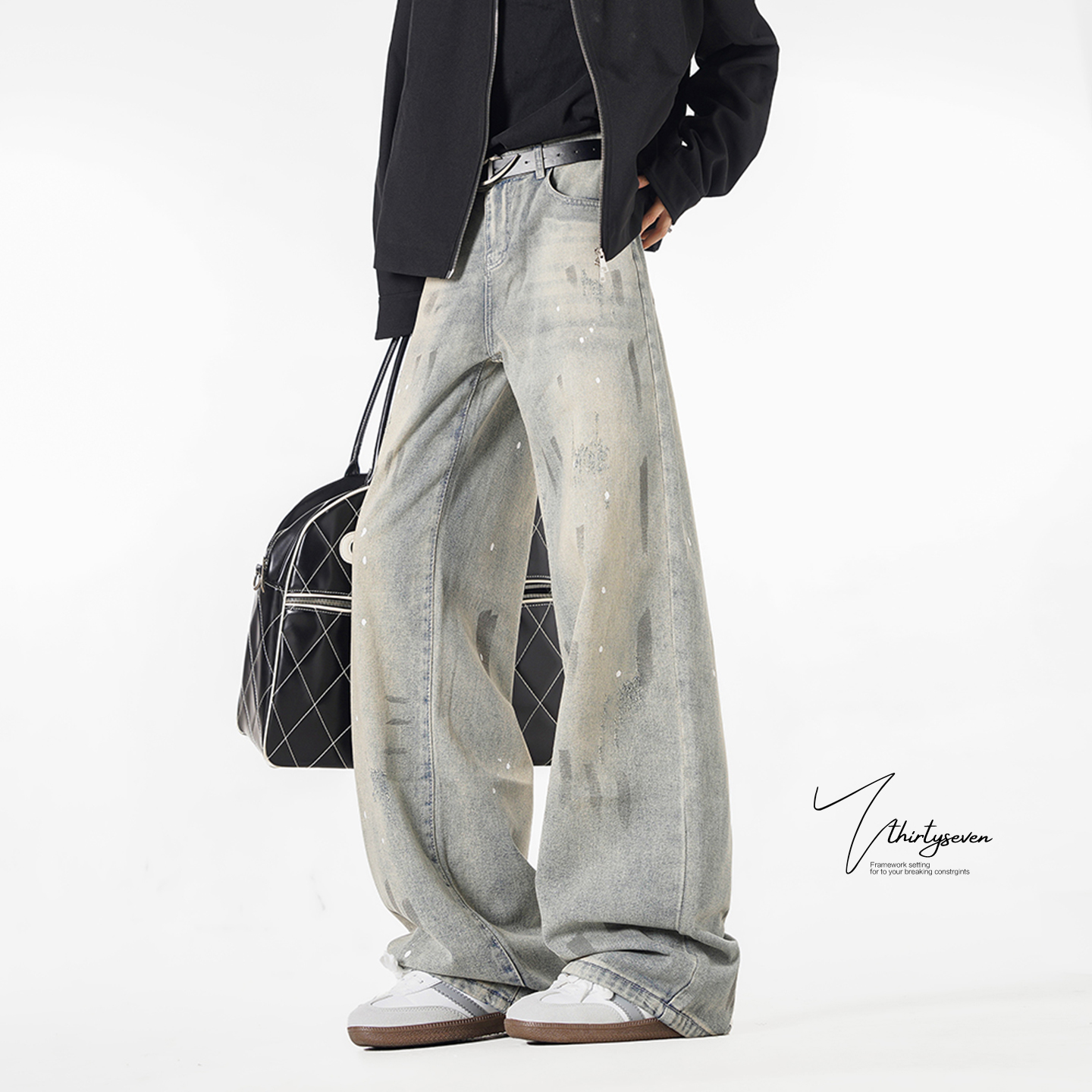 美式街头泼墨漆点弯刀牛仔裤男