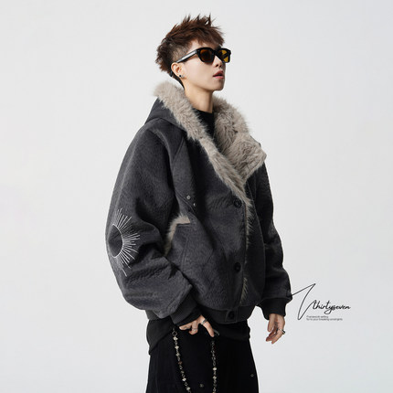 V37高级感痞帅毛领座山雕棉服男冬美式潮牌解构剪裁短款棉衣外套
