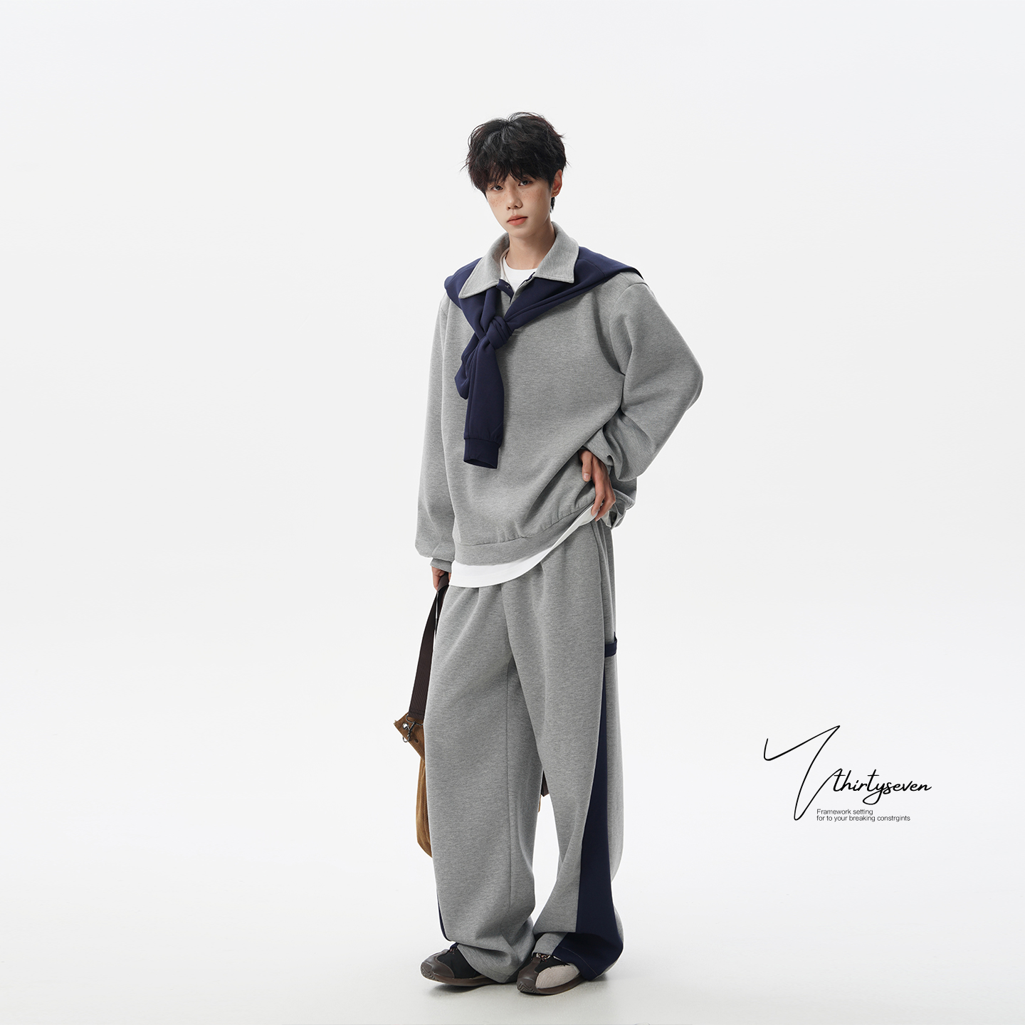 高级感痞帅假两件卫衣套装男