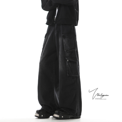 美式街头水洗黑多口袋工装牛仔裤