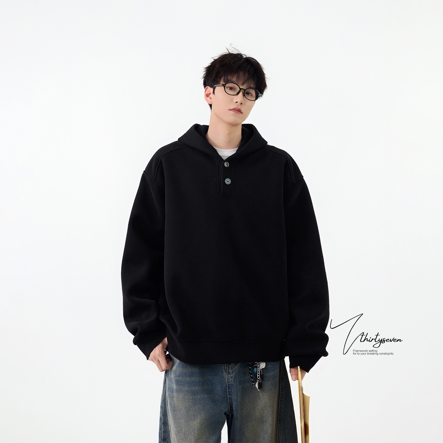 美式重磅纽扣连帽卫衣