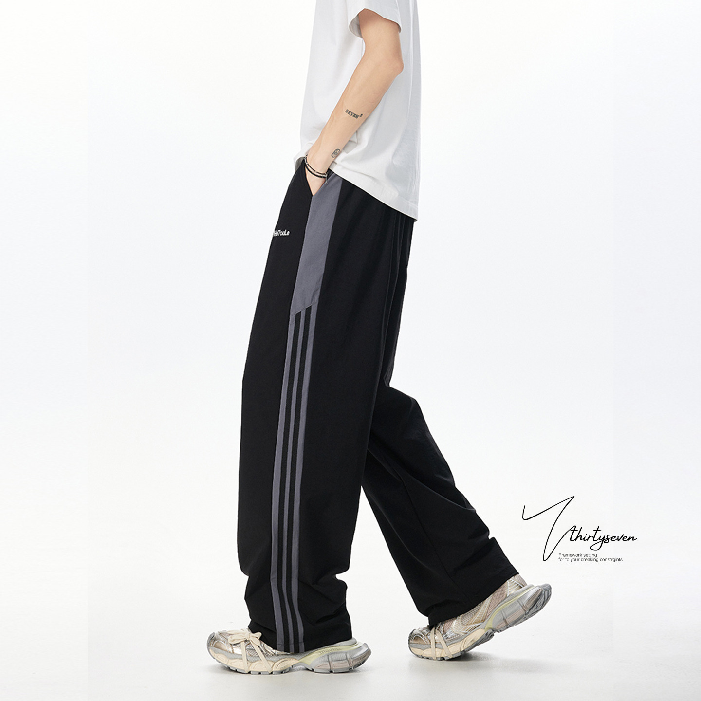 美式拼接撞色条纹休闲裤