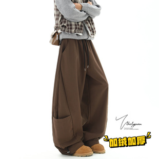 V37美式复古咖色弯刀休闲裤男冬季大口袋工装裤加绒保暖通勤长裤