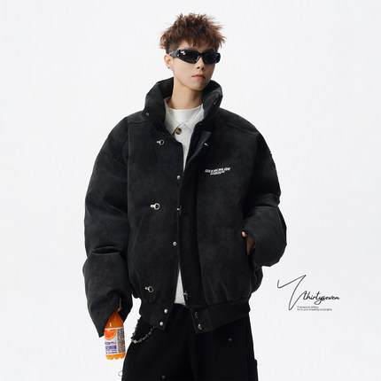 V37高街复古扎染设计感加厚皮外套男冬美式高级感飞机扣情侣棉衣