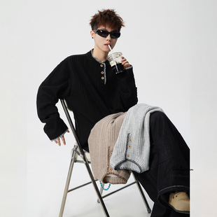 V37美式高街撞色手缝线亨利领卫衣男春潮牌黑色百搭休闲长袖上衣