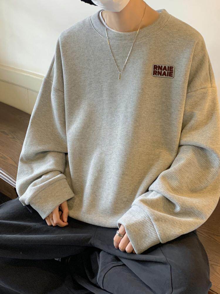 와플 스웨트 셔츠 남성 봄 가을 루즈 캐주얼 라운드 넥 긴팔 티셔츠 청소년 패션 브랜드 트렌드 이너 레이어드 셔츠