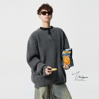 日系重磅复古老钱风小V领毛衣