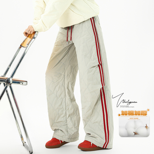 格子拼接保暖长裤 男冬葫芦纹棉裤 侧条纹重磅加棉加厚棉裤 V37美式