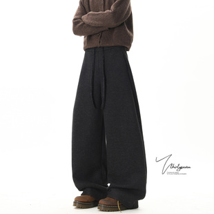 子男春潮牌vintage纯色休闲阔腿长裤 V37美式 宽松慵懒风毛呢弯刀裤