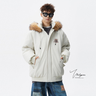 V37美式 复古潮牌徽章毛领连帽棉衣男冬高街加厚保暖宽松棉袄外套