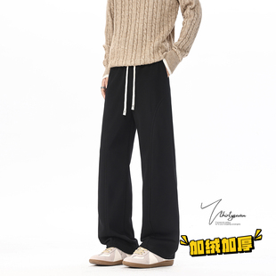 加绒加厚直筒休闲长裤 V37美式 男冬季 抽绳运动卫裤 潮牌黑色加长款