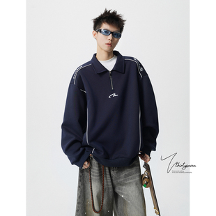 V37美式 设计感线条拼接上衣运动外套 潮牌半拉链Polo领卫衣男秋季