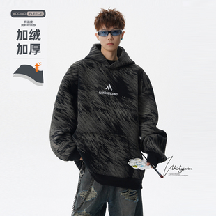 V37高街vintage字母刺绣连帽卫衣男冬美式 外套 扎染设计感加绒帽衫