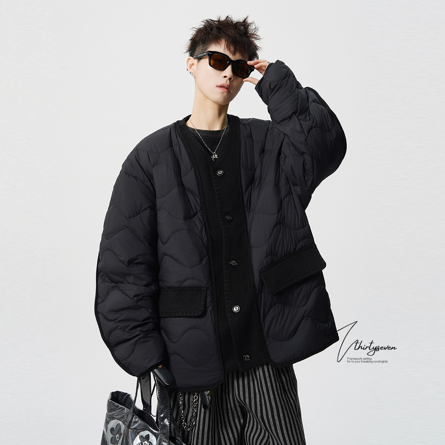 黑色拼接棉衣葫芦纹道袍外套男