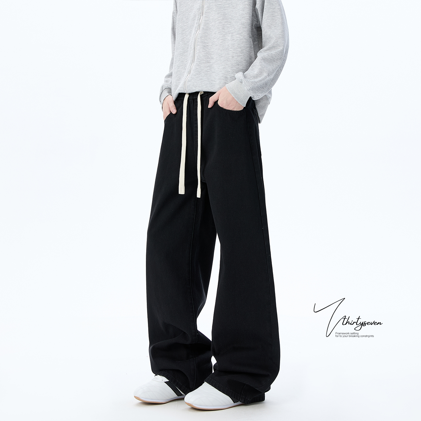 重磅复古抽绳牛仔裤男