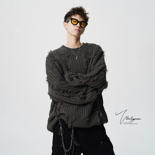 V37美式破洞流苏设计毛衣男秋宽松慵懒风针织衫高街宽松休闲上衣