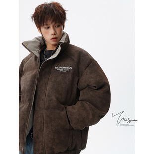 V37高级感痞帅雾面扎染面包棉服男冬美式 双拼色印花保暖情侣棉衣