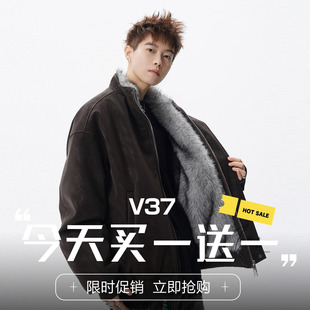 V37美式 复古立领毛领棉衣男冬高街vibe加厚保暖痞帅棉服情侣外套