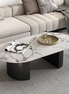 轻奢岩板椭圆形茶几现代简约小户型客厅会所办公室大理石铁艺茶台