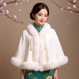 搭配旗袍披肩加厚国风秋冬季保暖披风白色皮草外搭新娘结婚纱斗篷