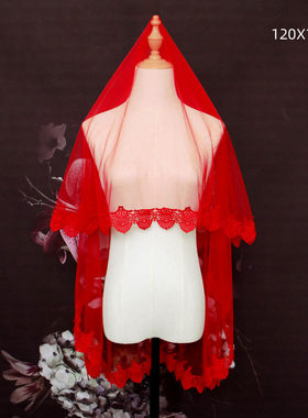 大红色新娘结婚主婚纱头纱中式婚礼秀禾服红色盖头喜帕蕾丝头饰