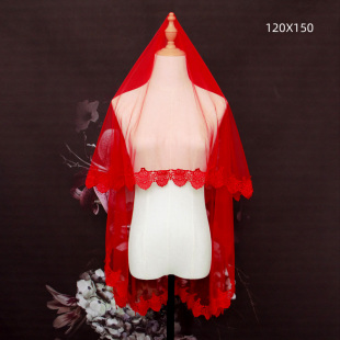 大红色新娘结婚主婚纱头纱中式婚礼秀禾服红色盖头喜帕蕾丝头饰