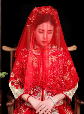 新娘头纱红色蕾丝结婚中式复古风