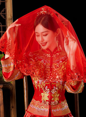 红色头纱新娘红盖头结婚纱复古风中式秀禾汉服半透明网纱蒙头喜帕