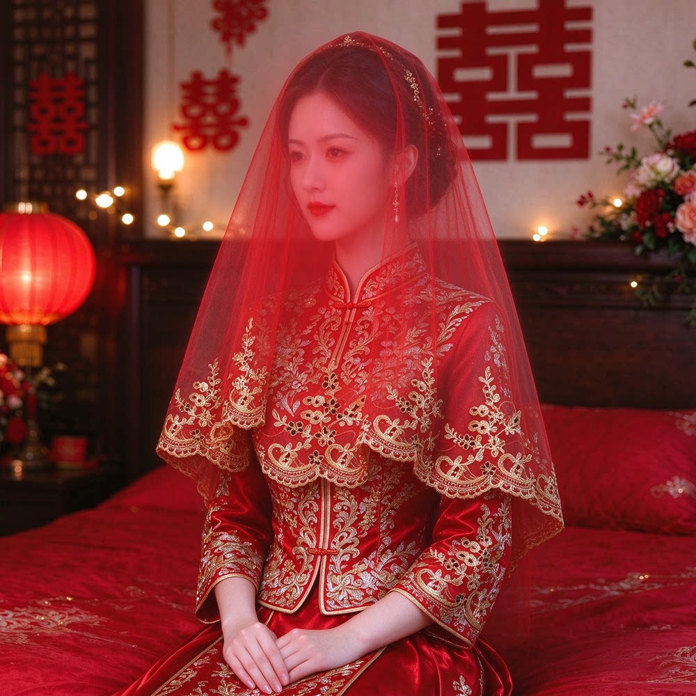 新娘红色秀禾服红盖头纱蒙头巾