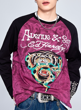 AVENUE&SON x ED HARDY合作款紫色拔印烫钻联名长袖T恤